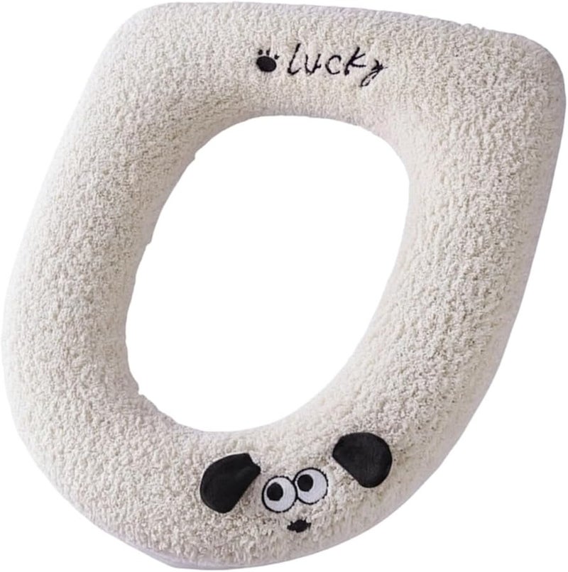 White Plush Fabric Toilet Seat Cover with Handle for Winter Comfort - Image 4